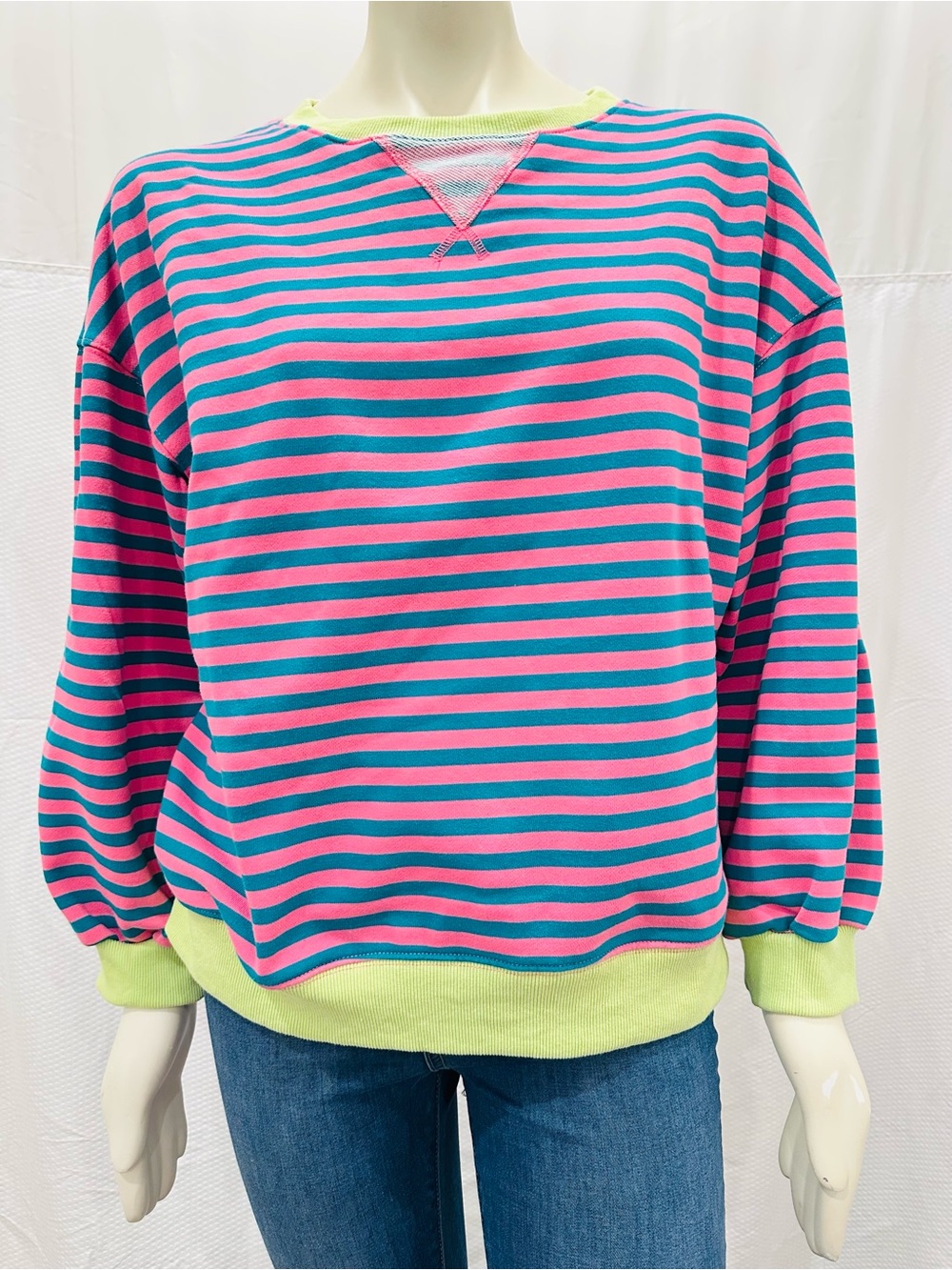 FP Dupe Pink & Teal Striped Crewneck Sweater with Lime Trim